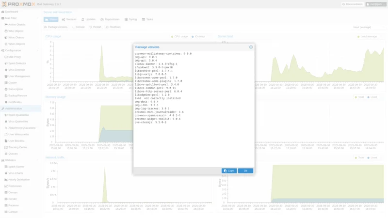 Proxmox Mail Gateway 9.0 — Server administration panel with package versions, CPU usage and memory monitoring