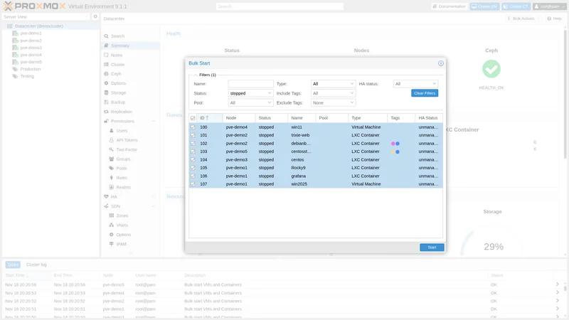 Proxmox VE 9.1 — Bulk Start dialog showing simultaneous start of 7 VMs and LXC containers across multiple nodes