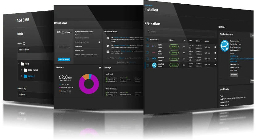 TrueNAS SCALE — Admin interface showing Dashboard, Applications and SMB share setup